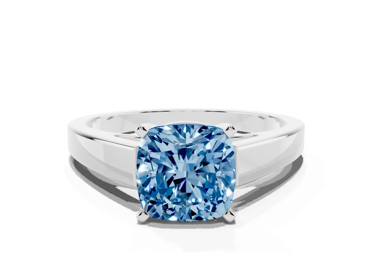 Fancy Blue Cushion Cut Solitaire Engagement Ring with Four-Prong Setting and Tapered Band Silver