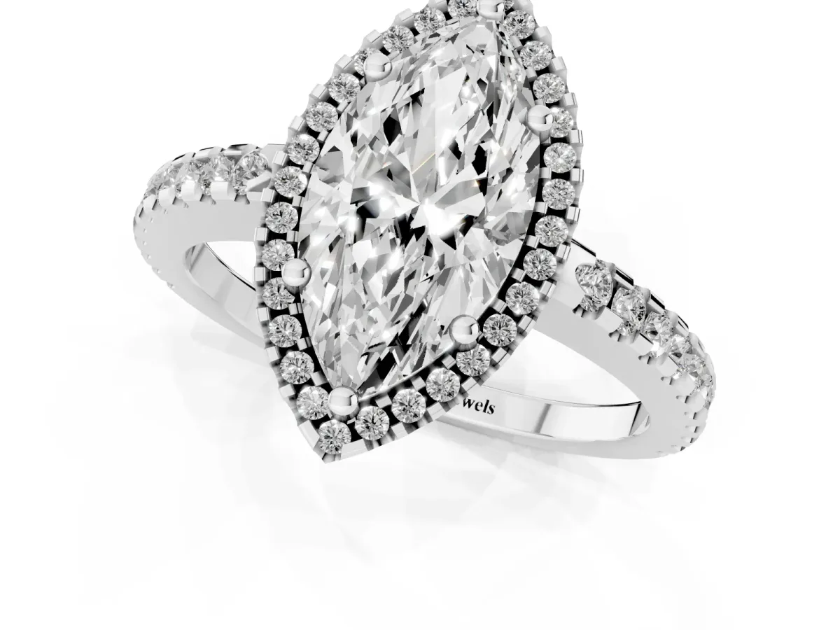 Marquise Cut Diamond Halo Engagement Ring with Pavé Band and Prong Setting Silver