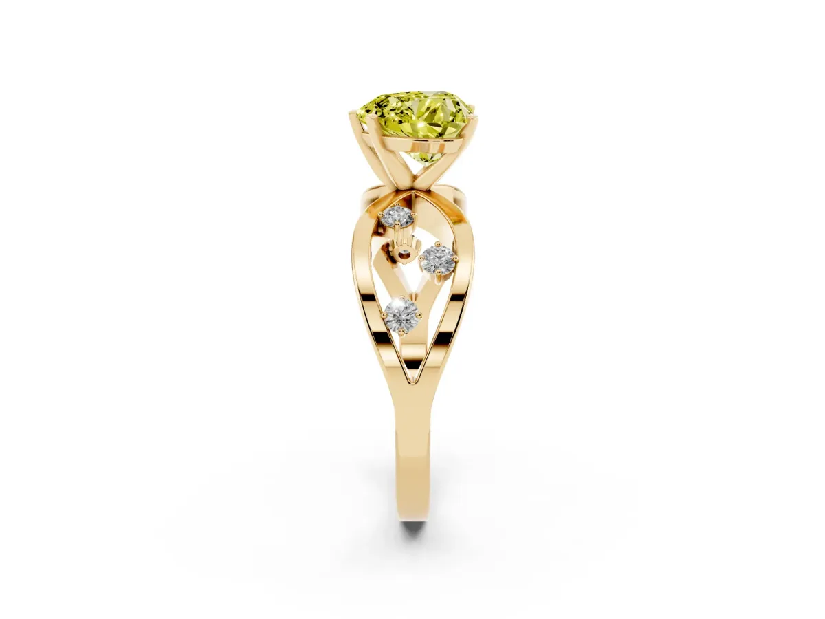 Fancy Yellow Heart Cut Cut Solitaire Diamond with Side Stones on Criss-Cross Band and Four-Prong Setting Yellow gold