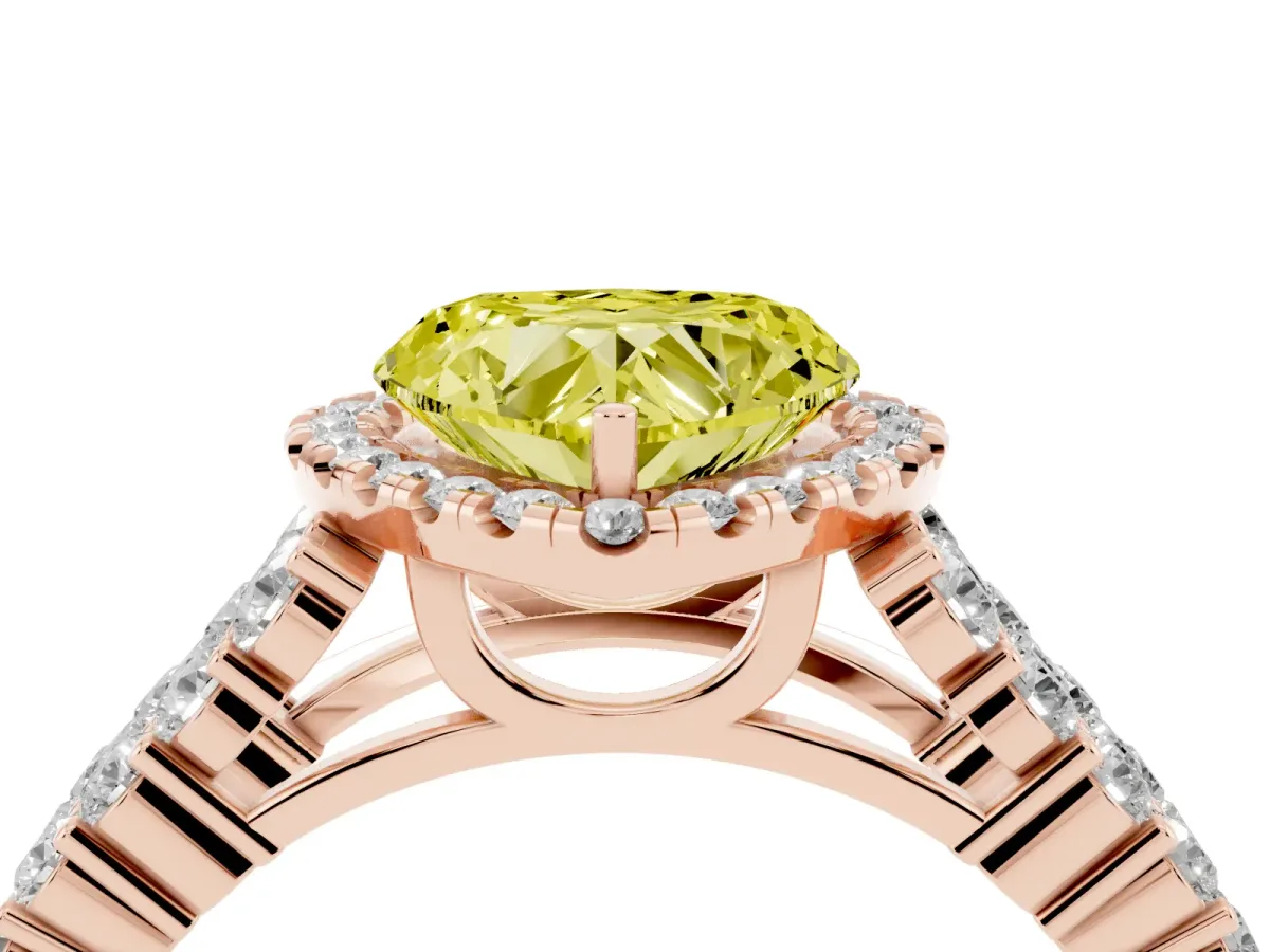Fancy Yellow Heart Cut Diamond Halo Engagement Ring with Triple Row Round Pavé Band and Prong Setting Rose gold