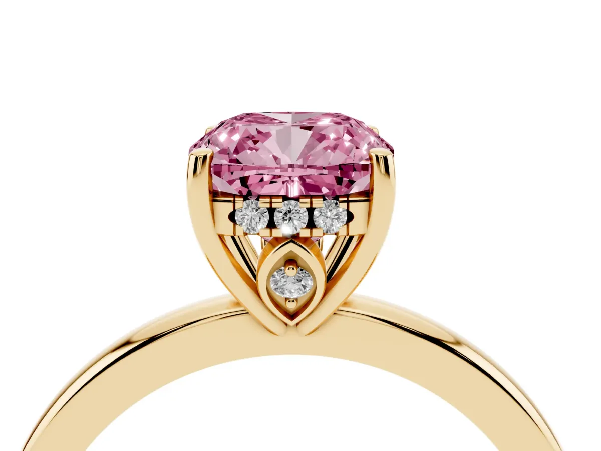 Fancy Pink Cushion Cut Solitaire Diamond Ring with Prong Setting and Plain Band Yellow gold