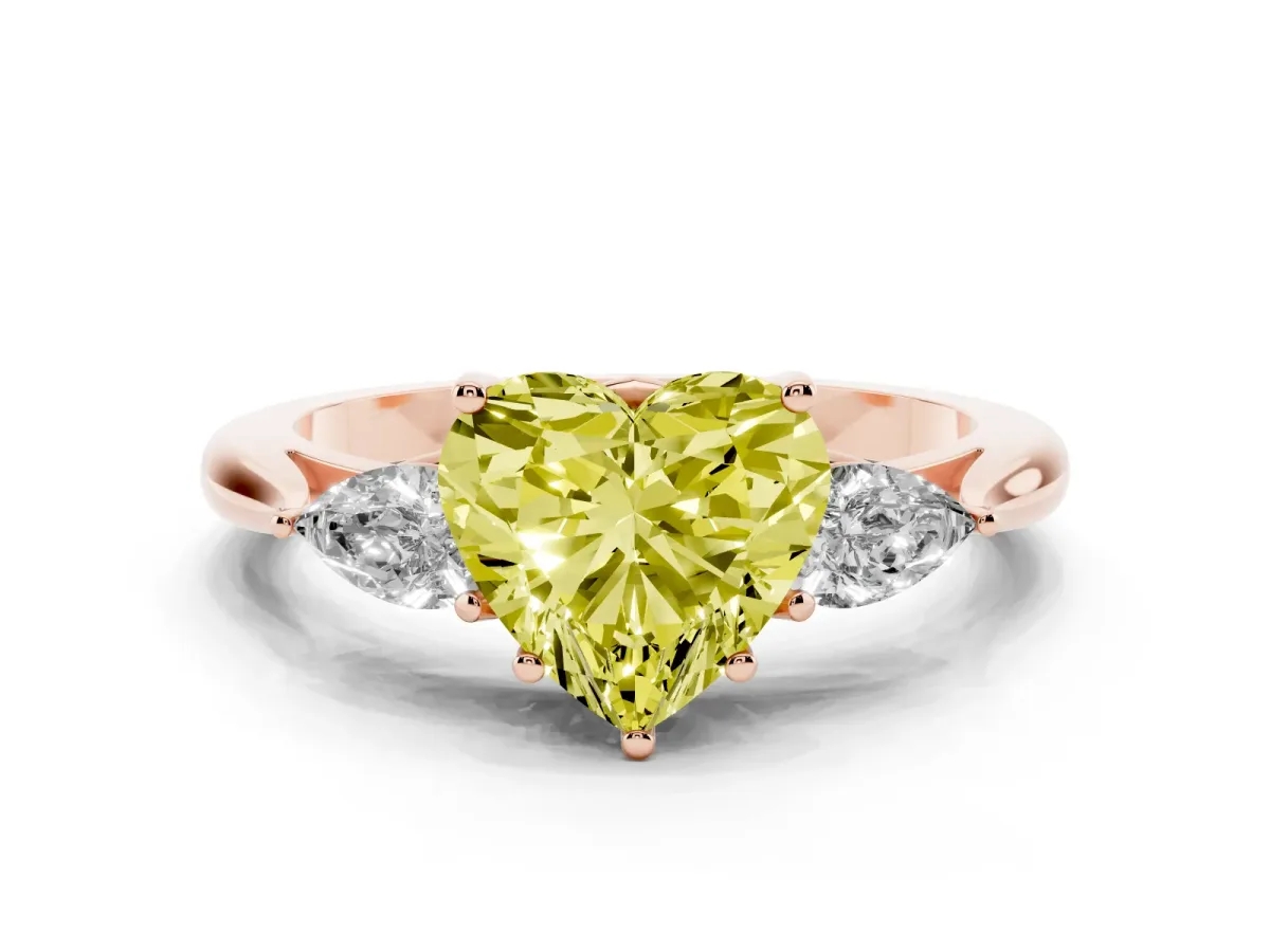 Fancy Yellow Heart Cut Diamond Three-Stone Ring with Pear Side Stones and Prong Setting Rose gold