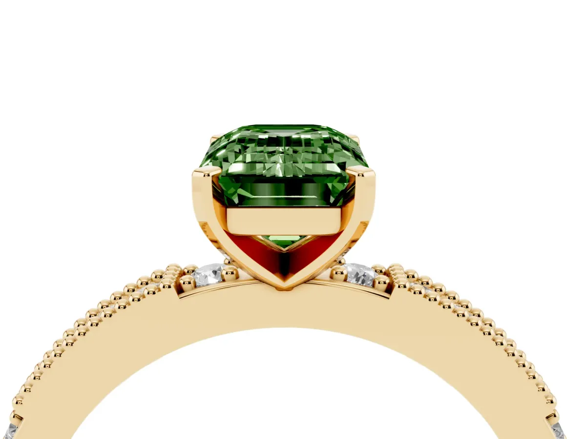 Fancy Green Emerald Cut Solitaire with Pavé Band and Four-Prong Setting Yellow gold