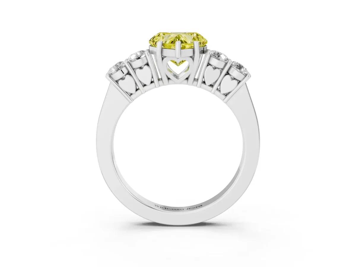 Fancy Yellow Heart Cut Cut Diamond Five-Stone Prong Set White Gold Ring Platinum