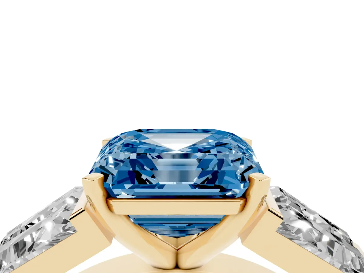 Fancy Blue Asscher Cut Diamond Engagement Ring with Baguette Side Stones and Channel Set Band Yellow gold