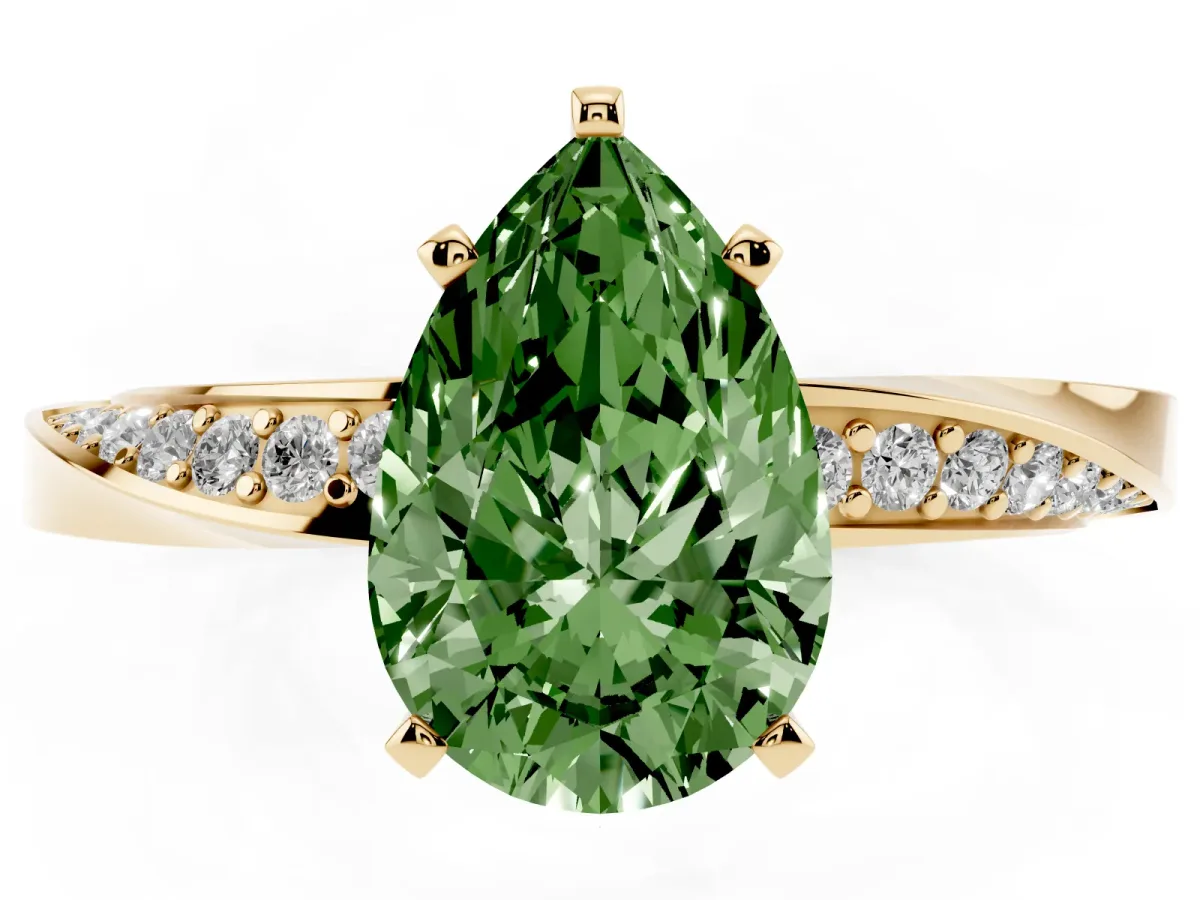 Fancy Green Pear Cut Diamond Engagement Ring with Side Stone Accents and Four-Prong Setting Yellow gold