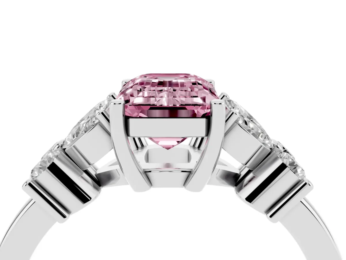 Fancy Pink Emerald Cut Diamond Floral Cluster Ring with Solitaire Band and Prong Setting Silver