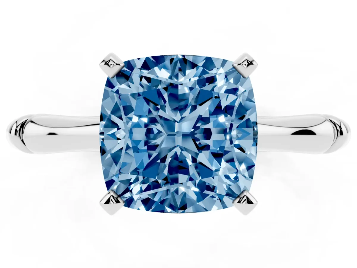 Fancy Blue Cushion Cut Solitaire Diamond Ring with Bamboo Band and Four-Prong Setting Silver