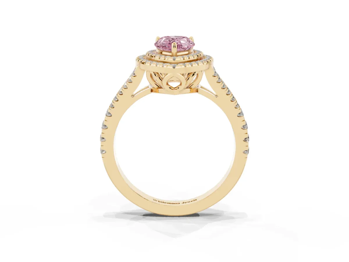 Fancy Pink Pear Cut Diamond Double Halo Ring with Pavé Band and Prong Setting Yellow gold