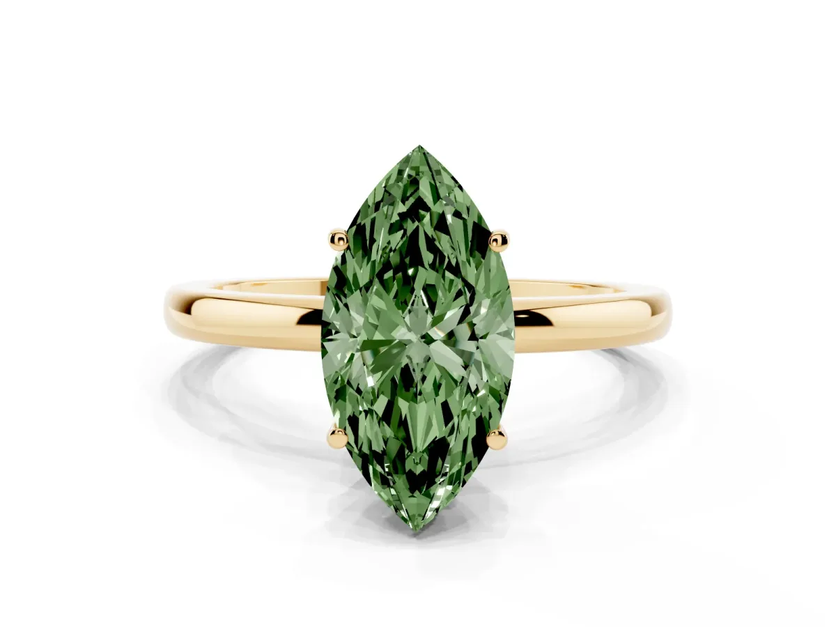 Fancy Green Marquise Cut Solitaire Diamond Ring with Prong Setting and Plain Band Yellow gold