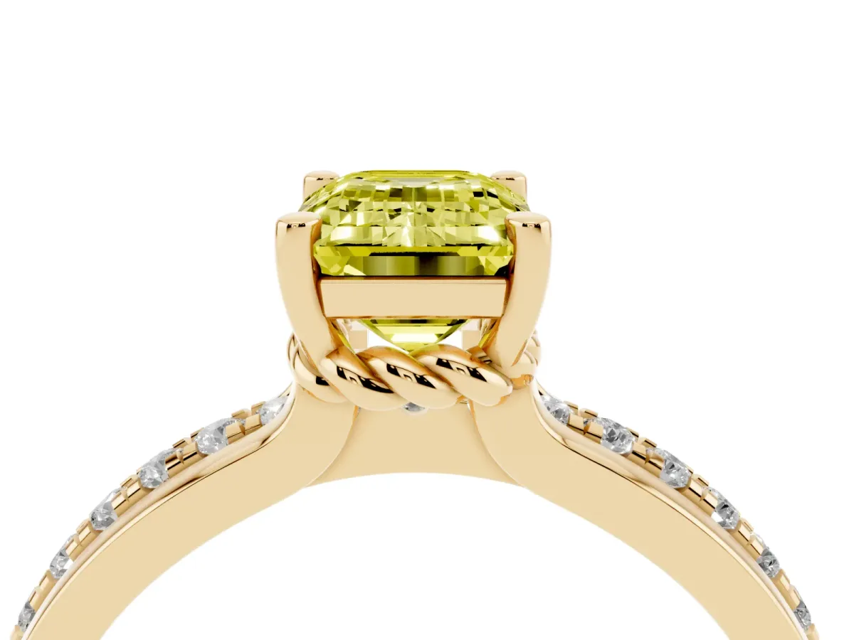 Fancy Yellow Emerald Cut Solitaire Diamond Ring with Channel Set Band and Six-Prong Setting Yellow gold