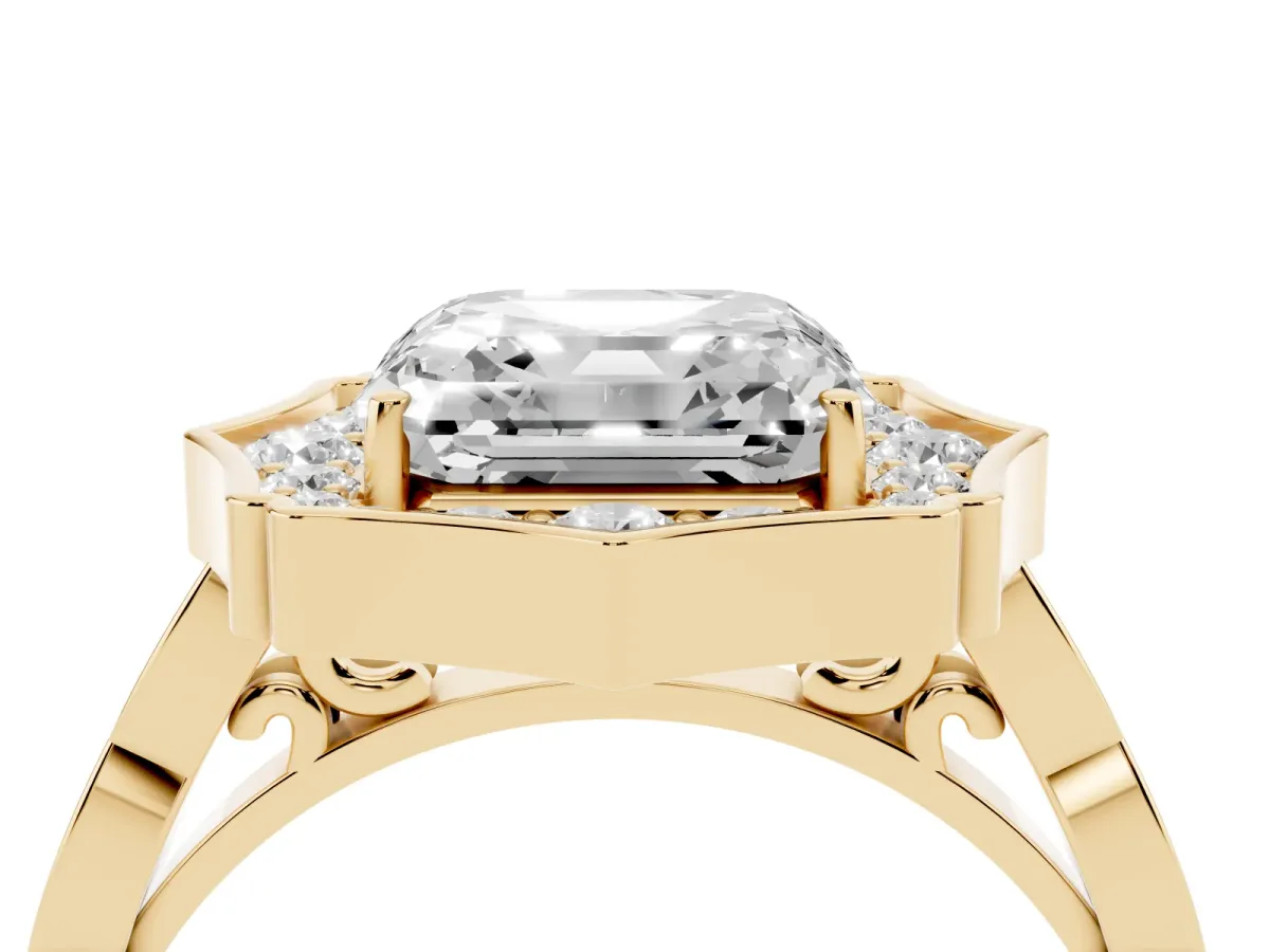 Asscher Cut Halo Diamond Engagement Ring with Milgrain Band and Four-Prong Setting Yellow gold
