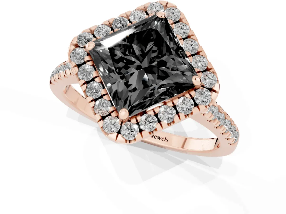Fancy Black Princess Cut Diamond Cushion Halo Ring with Pavé Band Rose gold