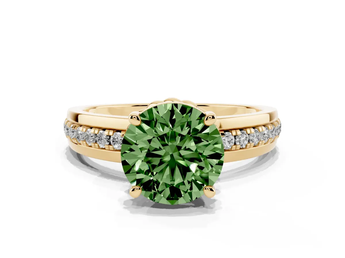Fancy Green Round Cut Solitaire Diamond Ring with Channel Set Band and Six-Prong Setting Yellow gold