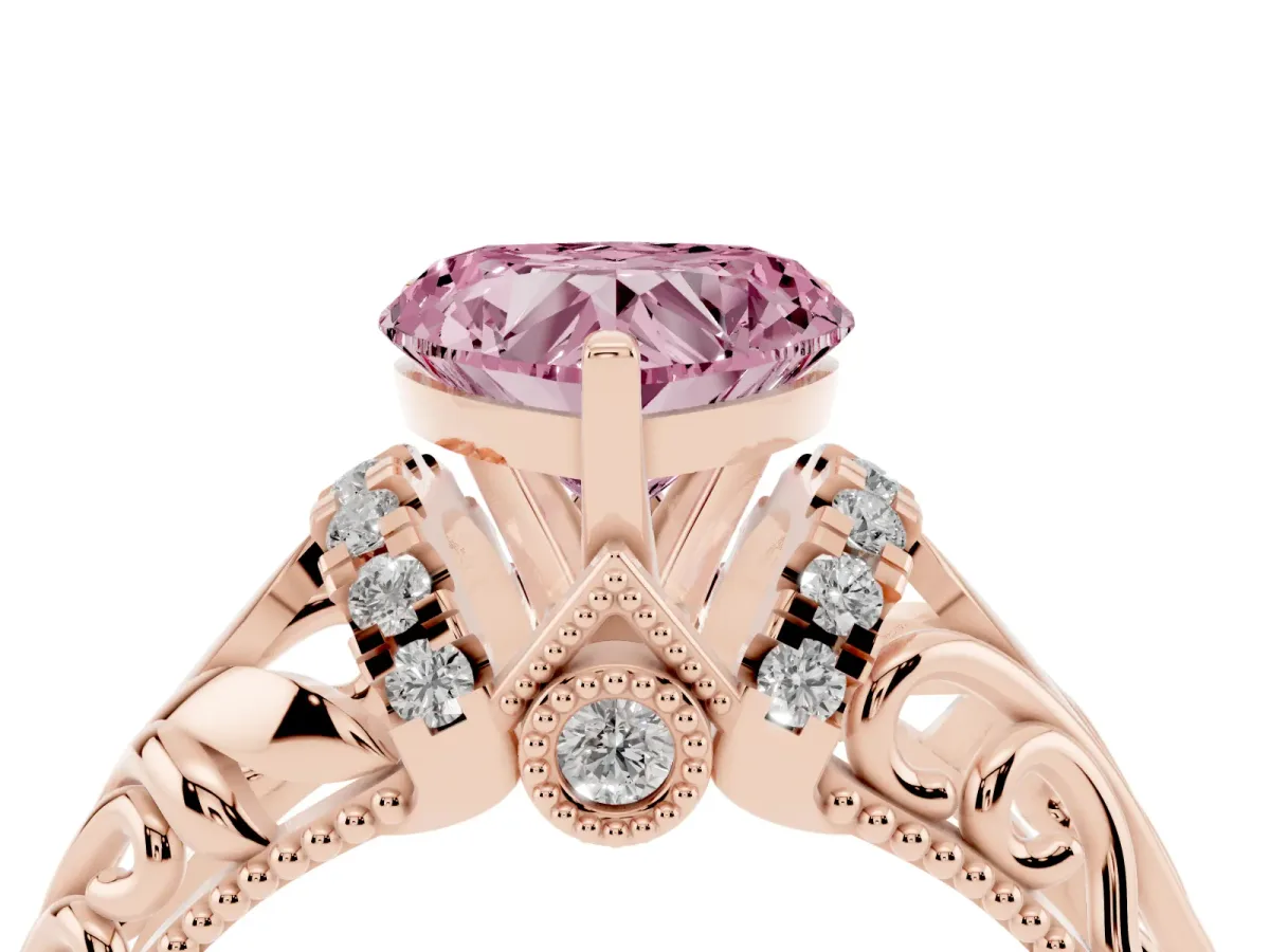 Fancy Pink Heart Cut Solitaire Filigree Engagement Ring with Halo and Prong Setting Rose gold