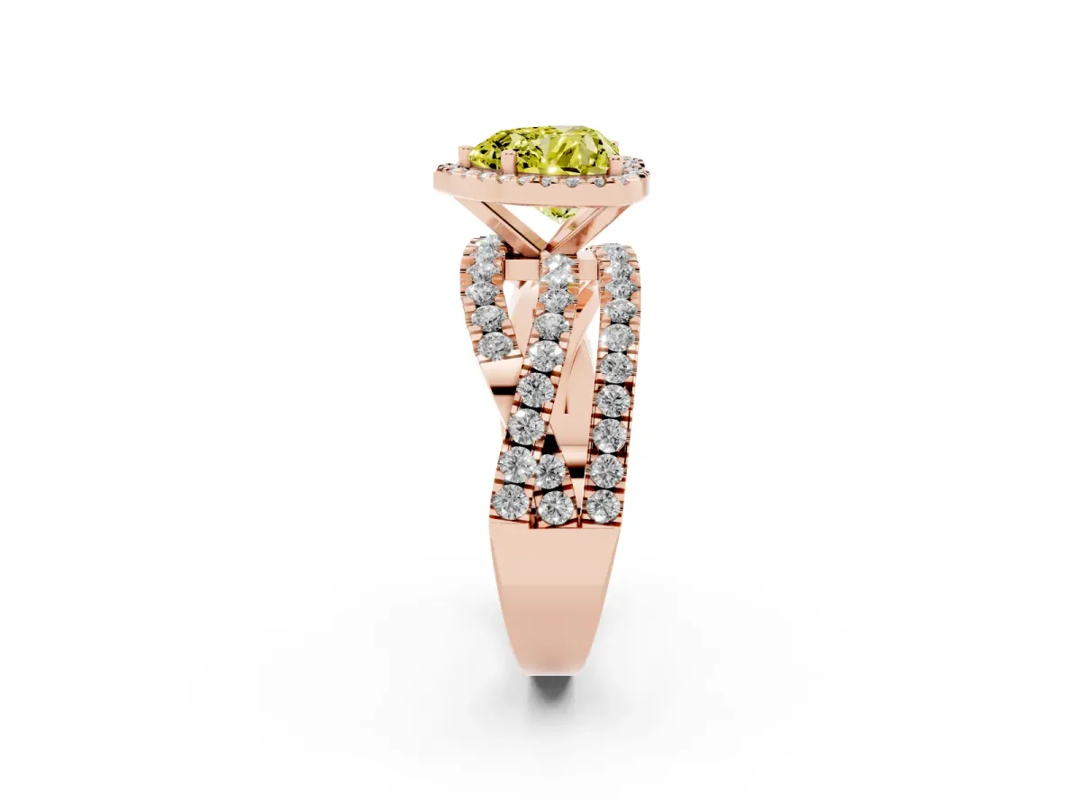 Fancy Yellow Heart Cut Diamond Halo Ring with Round Split Shank and Prong Setting Rose gold