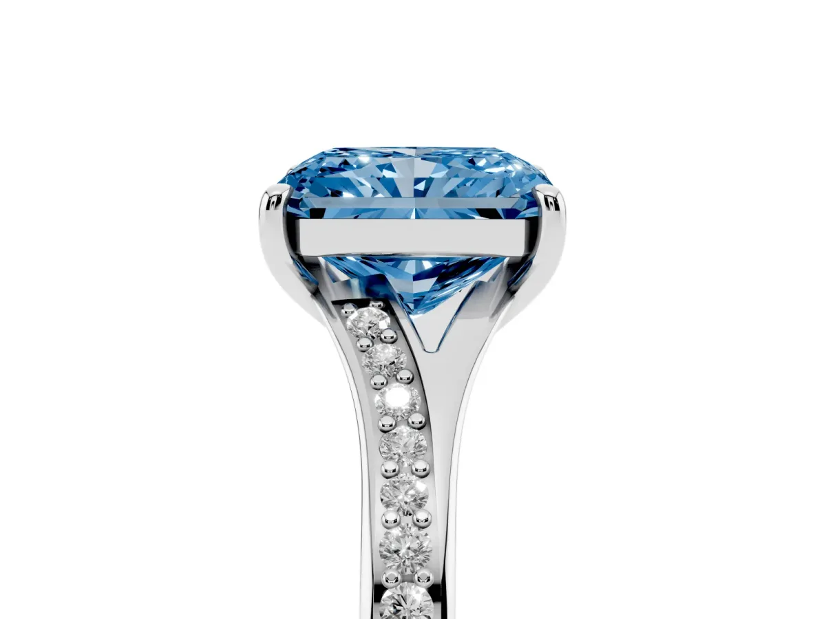 Fancy Blue Radiant Cut Diamond Solitaire Ring with Pavé Band and Prong Setting Silver
