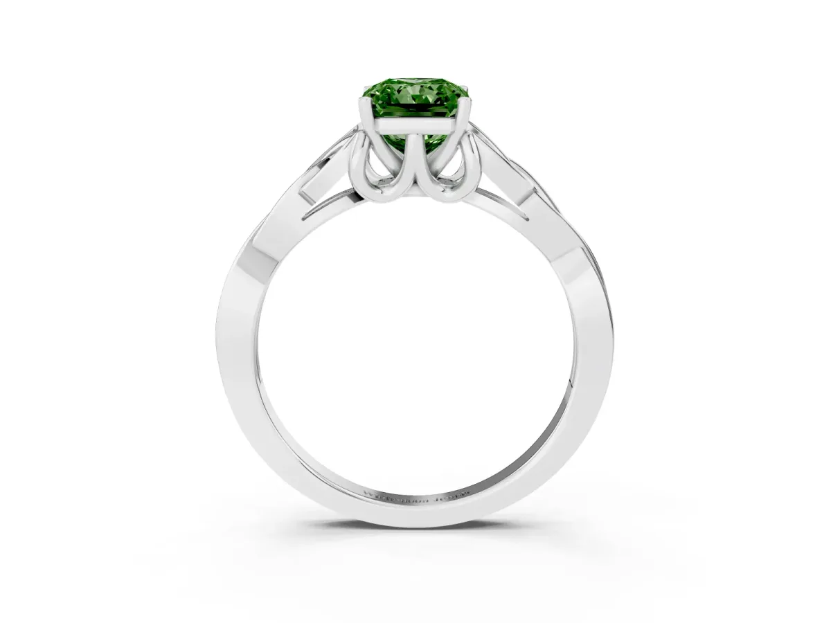 Fancy Green Radiant Cut Diamond Solitaire Engagement Ring with Celtic Knot Band and Four-Prong Setting Platinum