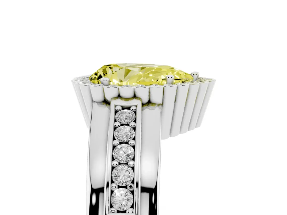 Fancy Yellow Pear Cut Cut Halo Pave Band Four-Prong Ring Platinum