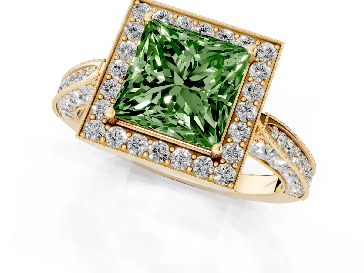 Fancy Green Princess Cut Halo Diamond Engagement Ring with Split Shank Band and Four-Prong Setting Yellow gold