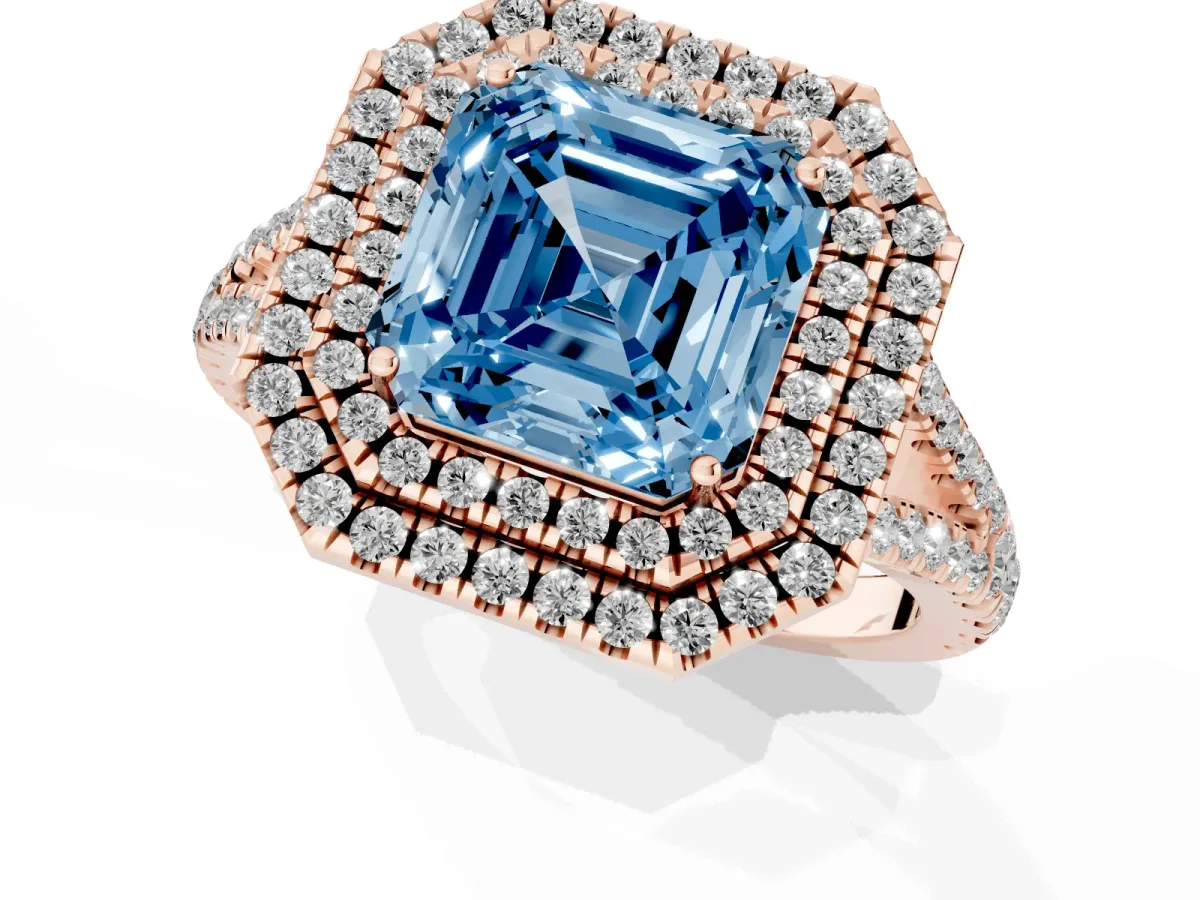 Fancy Blue Asscher Cut Diamond Double Halo Ring with Pavé Band and Prong Setting Rose gold