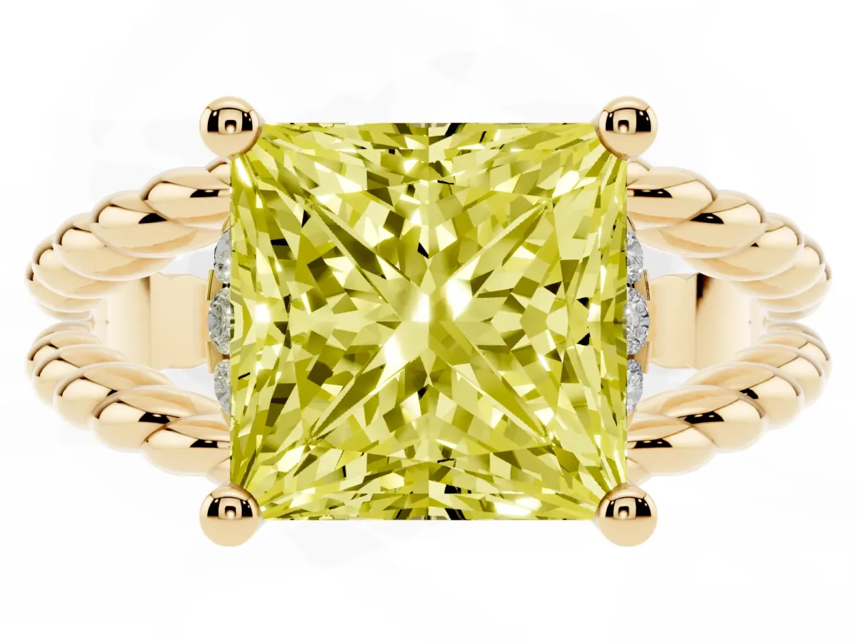 Fancy Yellow Princess Cut Halo Twisted Band Four-Prong Ring Yellow gold