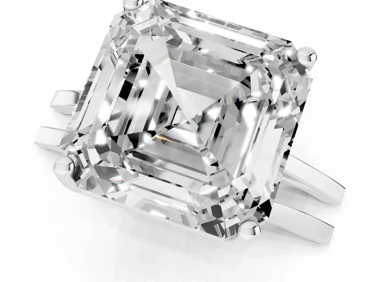 Asscher Cut Cut Diamond Solitaire Engagement Ring with Tapered Plain Band and Four-Prong Setting Silver