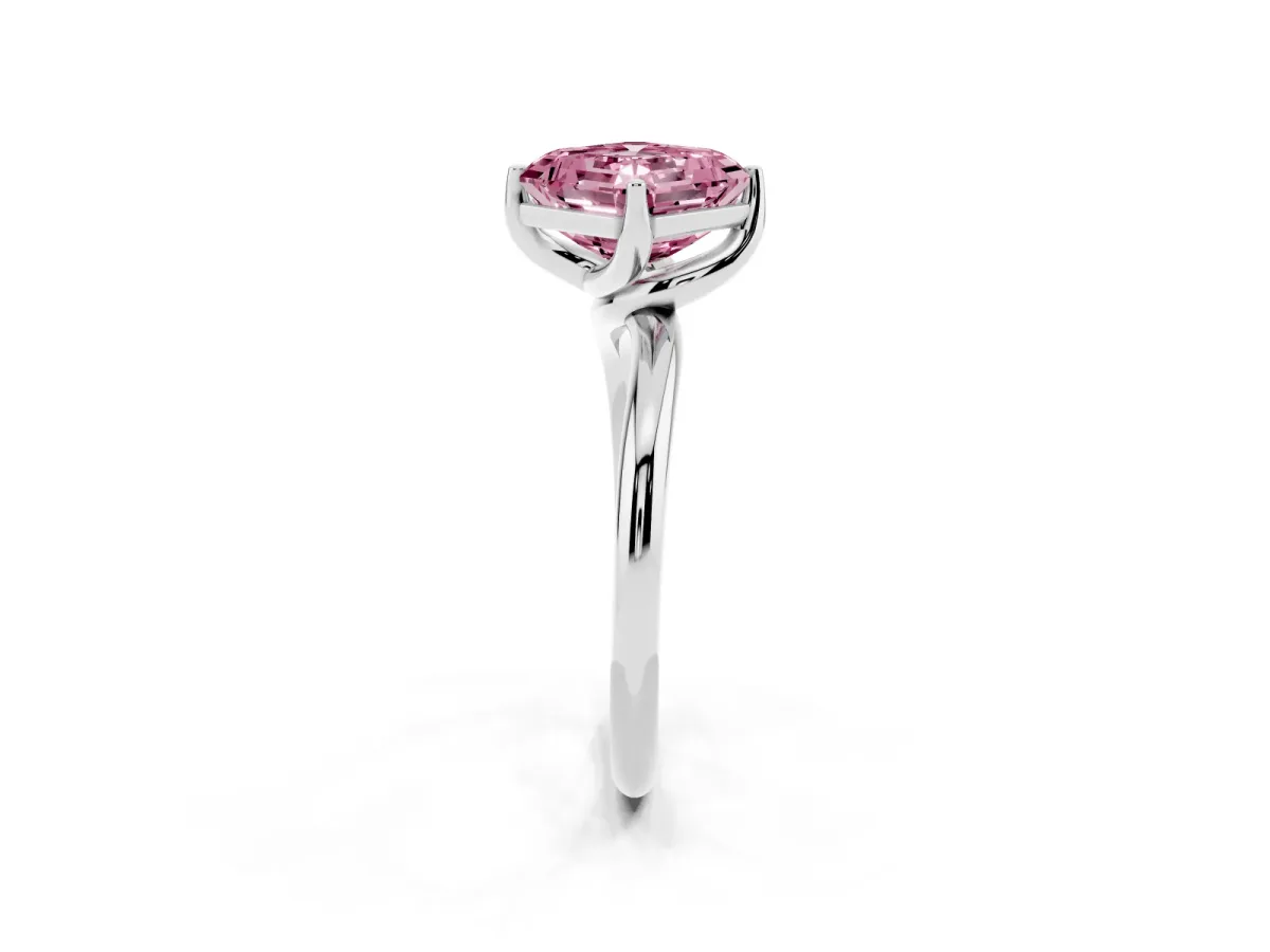 Fancy Pink Asscher Cut Diamond Solitaire Engagement Ring with Four-Prong Setting and Classic Band Platinum