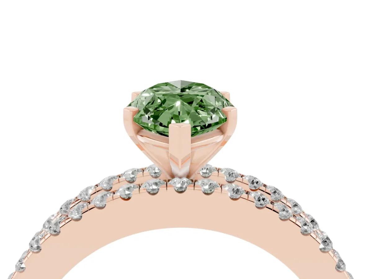 Fancy Green Marquise Cut Diamond Solitaire Ring with Pavé and Channel Set Band Rose gold