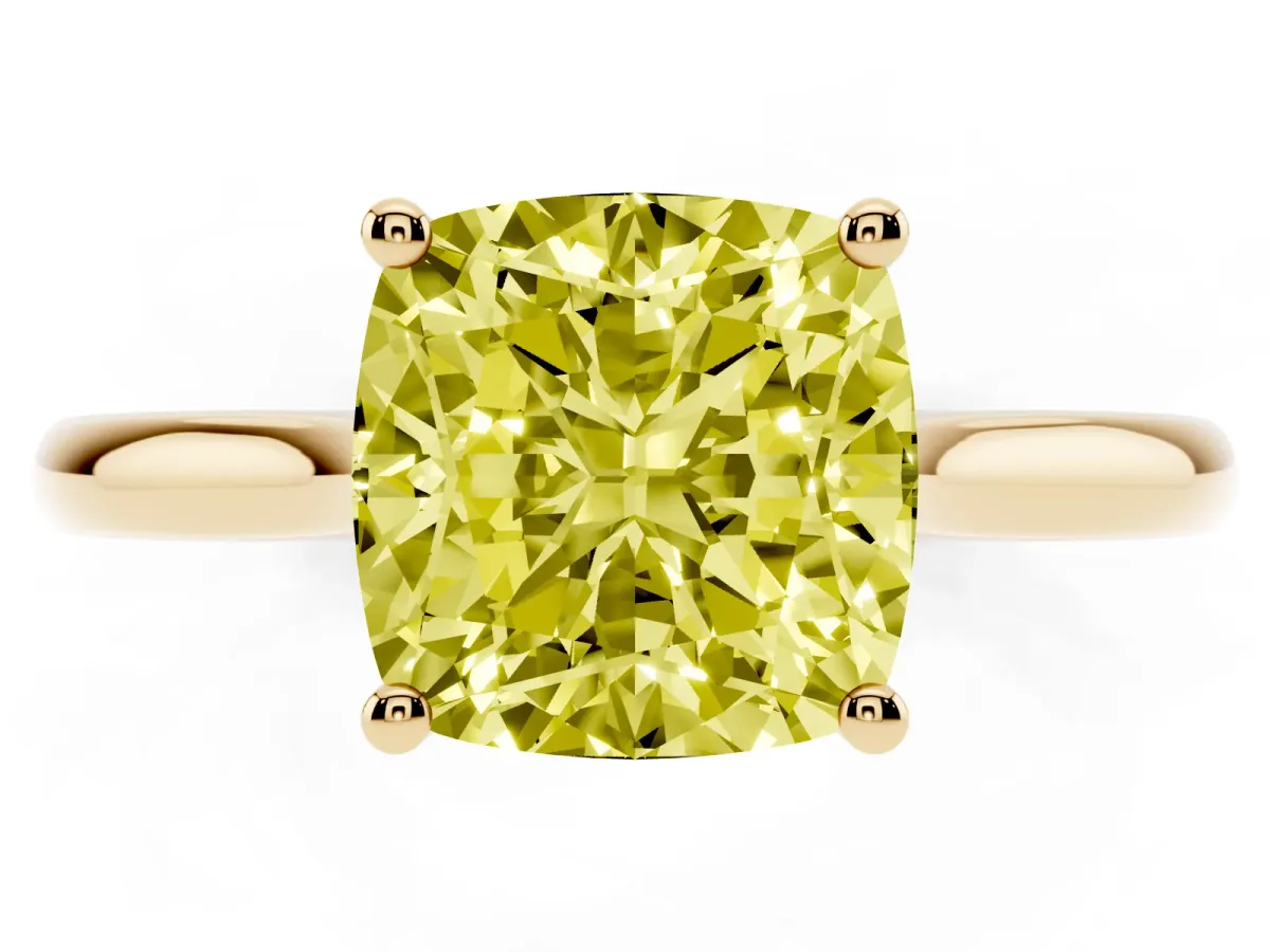 Fancy Yellow Cushion Cut Cut Solitaire Ring with Cathedral Band and Four-Prong Setting Yellow gold
