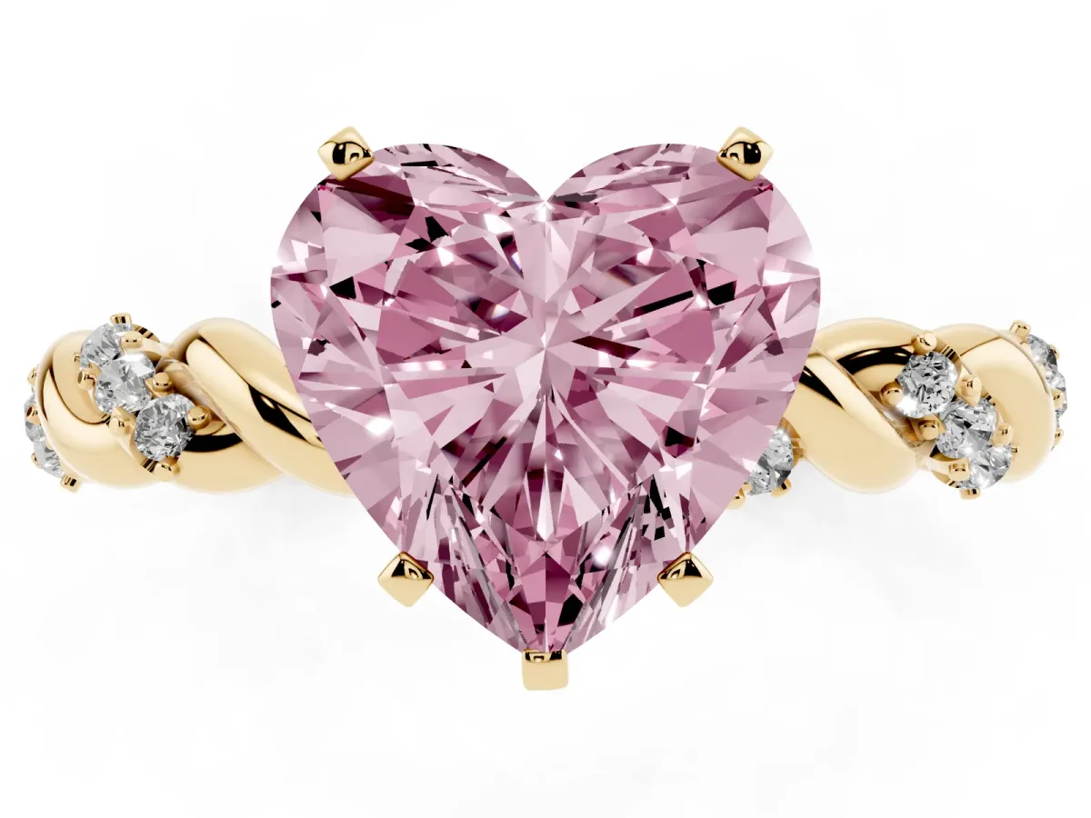 Fancy Pink Heart Cut Diamond Solitaire Ring with Twisted Band and Pavé Accents Yellow gold