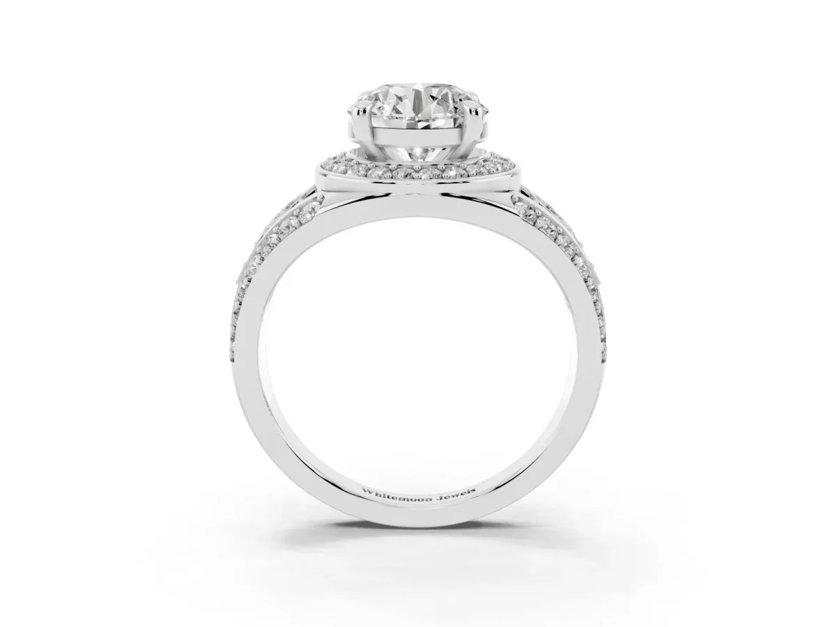 Round Cut Diamond Halo Ring with Split Shank and Bezel Accents and Four-Prong Setting Platinum