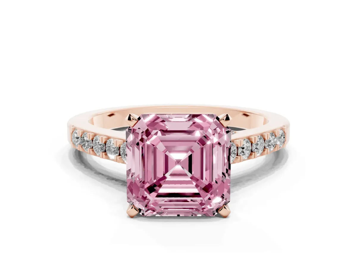 Fancy Pink Asscher Cut Diamond Solitaire Ring with Crossover Gallery and Round Pavé Band Rose gold