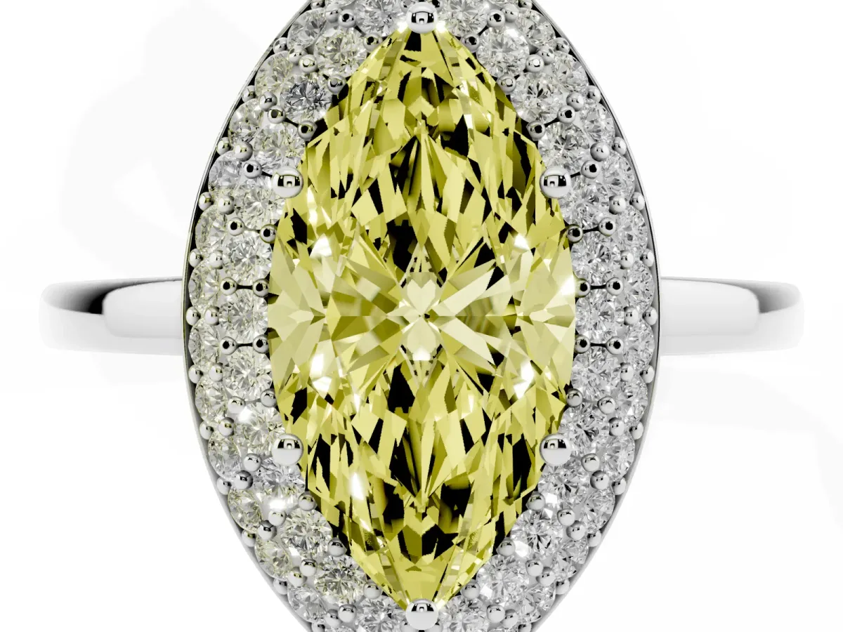 Fancy Yellow Marquise Cut Halo Diamond Engagement Ring with Solitaire Band and Four-Prong Setting Platinum