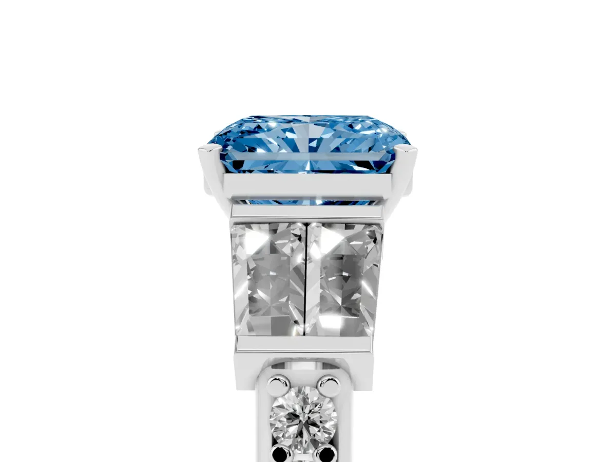 Fancy Blue Radiant Cut Diamond Engagement Ring with Baguette Side Stones and Channel Set Band White gold