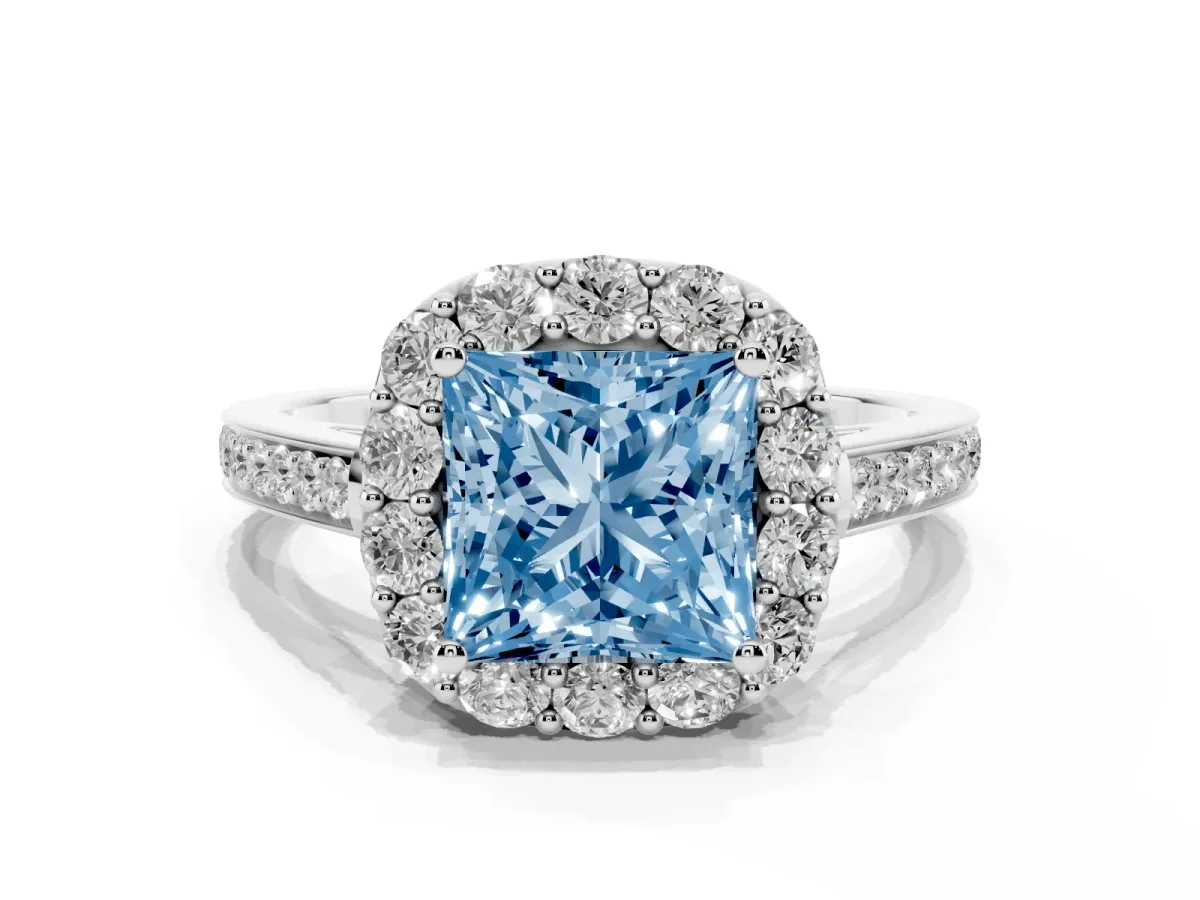 Fancy Blue Princess Cut Diamond Floral Halo Ring with Pavé Band and Prong Setting Silver