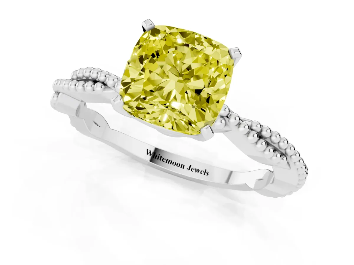 Fancy Yellow Cushion Cut Solitaire Twisted Band with Bead Prong Setting Platinum