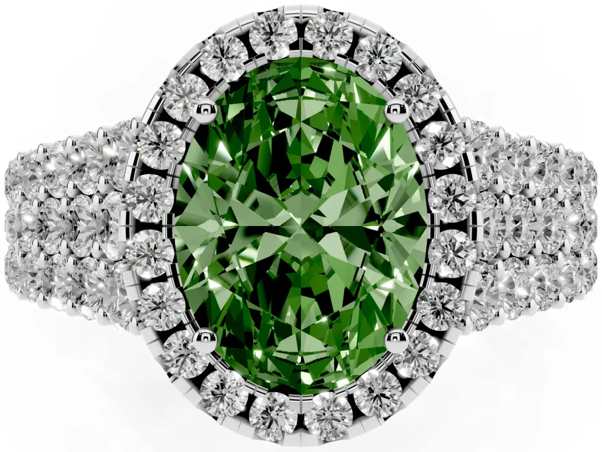 Fancy Green Oval Cut Diamond Halo Engagement Ring with Triple Row Round Pavé Band and Prong Setting Platinum