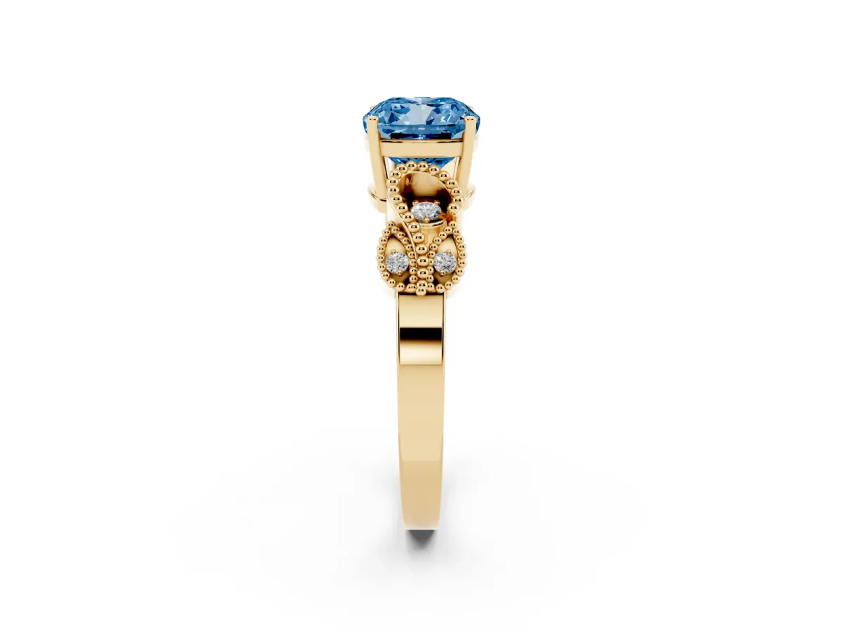 Fancy Blue Cushion Cut Solitaire Milgrain Leaf Band with Prong Setting Yellow gold