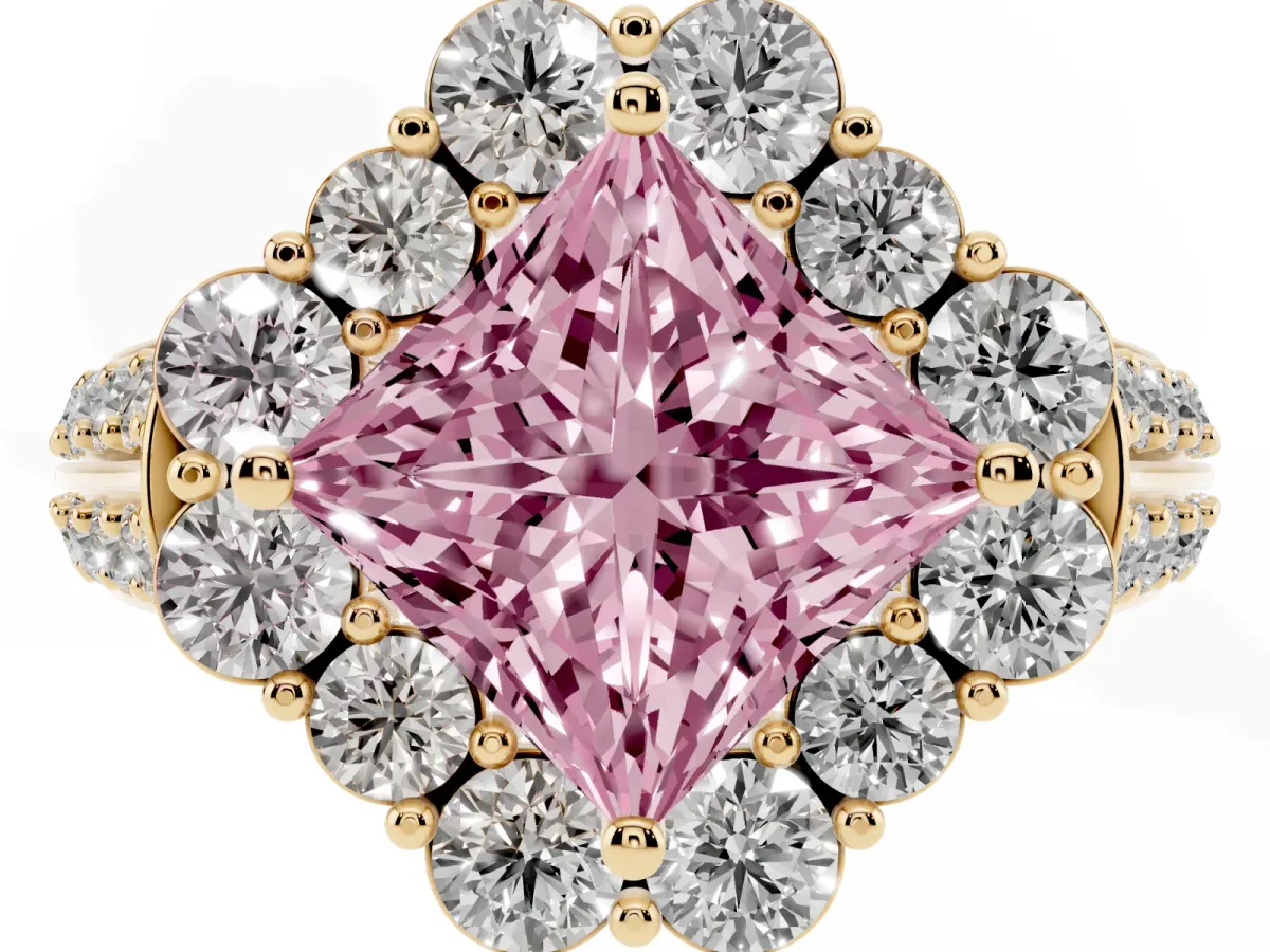 Fancy Pink Princess Cut Halo Diamond Engagement Ring with Split Shank and Prong Setting Yellow gold