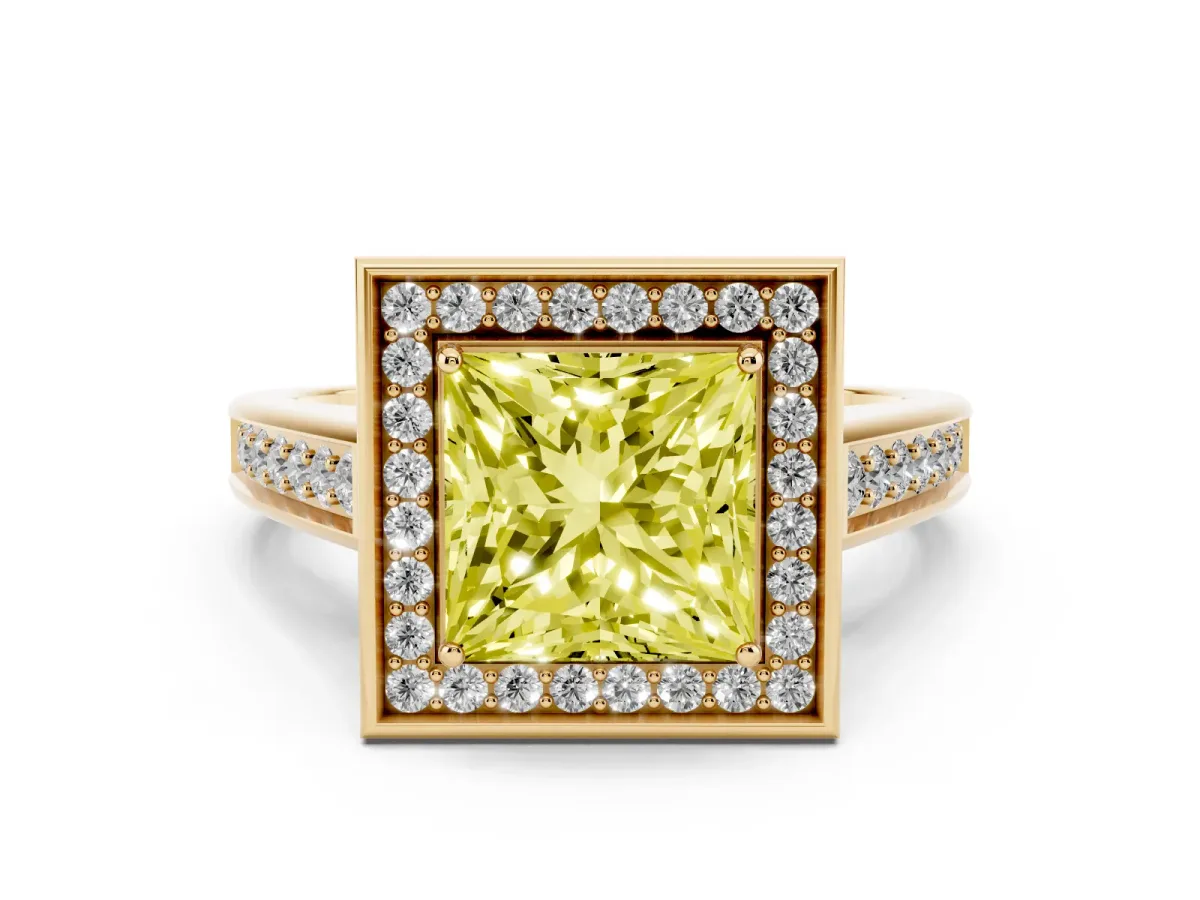 Fancy Yellow Princess Cut Halo Solitaire Diamond Ring with Pave Band and Bezel Setting Yellow gold