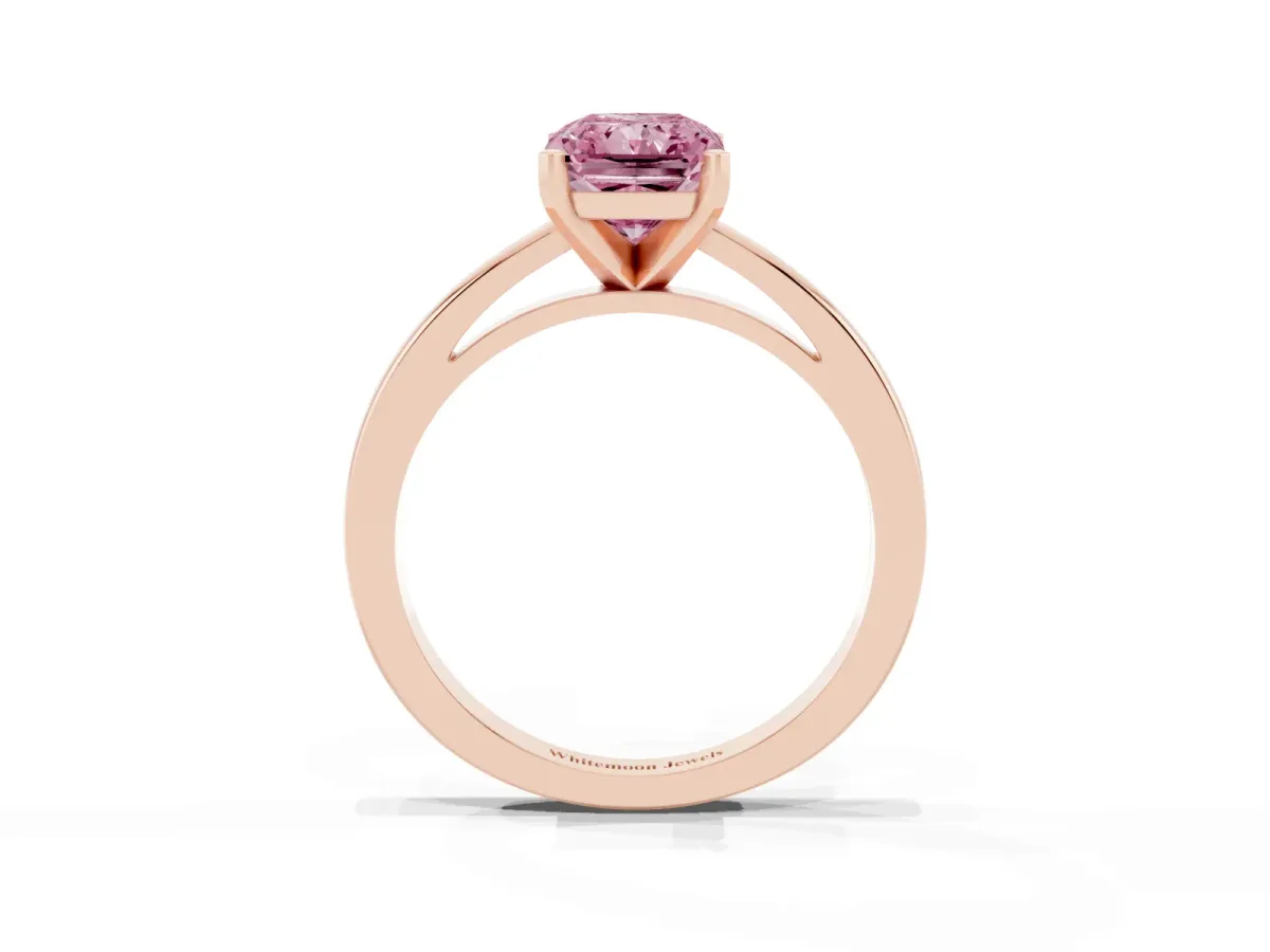Fancy Pink Radiant Cut Solitaire Diamond Engagement Ring with Four-Prong Setting on a Classic Band Rose gold