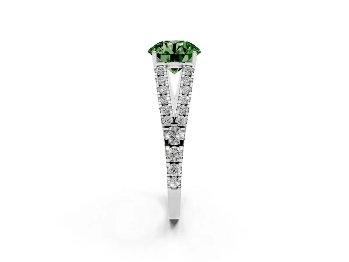 Fancy Green Round Cut Diamond Split Shank Pavé Engagement Ring with Four-Prong Setting Platinum