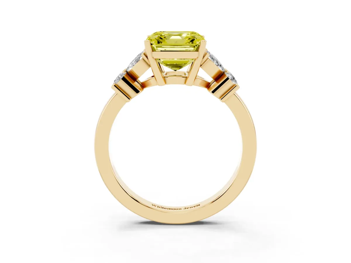 Fancy Yellow Asscher Cut Diamond Floral Cluster Ring with Solitaire Band and Prong Setting Yellow gold