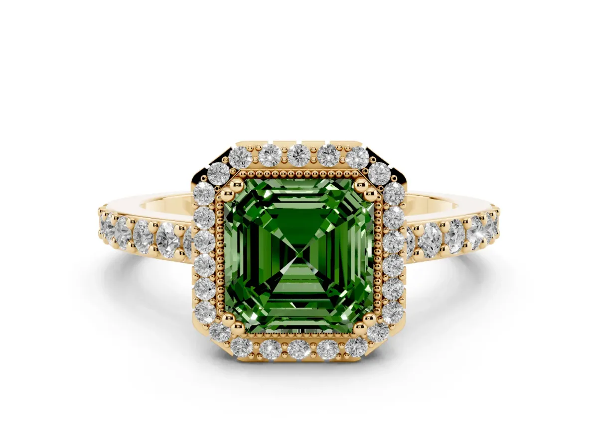 Fancy Green Asscher Cut Cut Diamond Halo Engagement Ring with Milgrain Detail and Pavé Band Yellow gold
