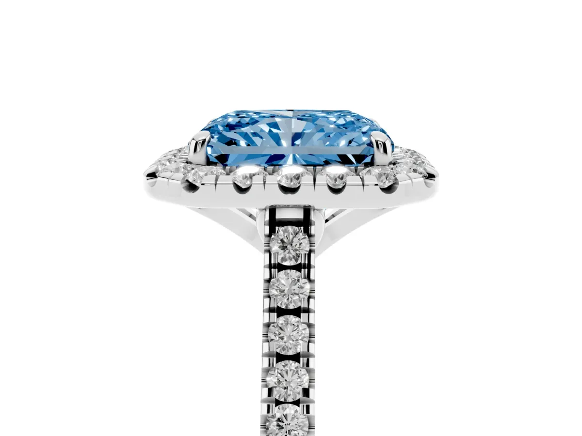 Fancy Blue Radiant Cut Diamond Cushion Halo Ring with Pavé Band Silver