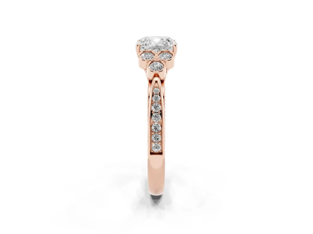 Cushion Cut Cut Diamond Engagement Ring with Bezel Set Round Side Stones and Prong Setting Rose gold