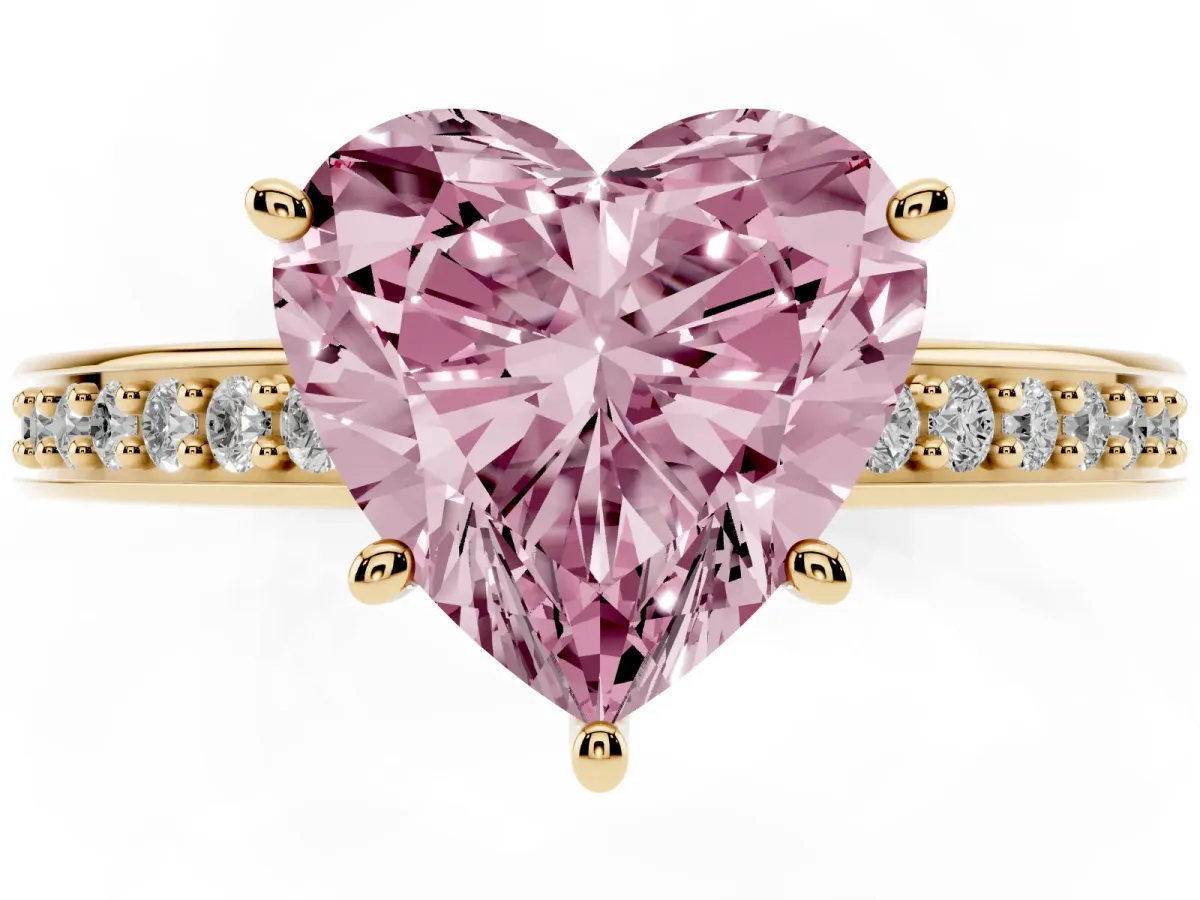 Fancy Pink Heart Cut Solitaire Pavé Band Prong Setting Ring Yellow gold