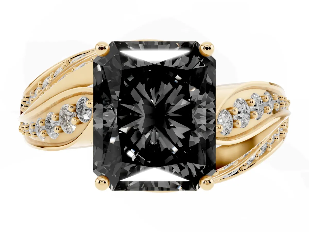Fancy Black Radiant Cut Diamond Solitaire Ring with Prong Setting and Twisted Pavé Band Yellow gold