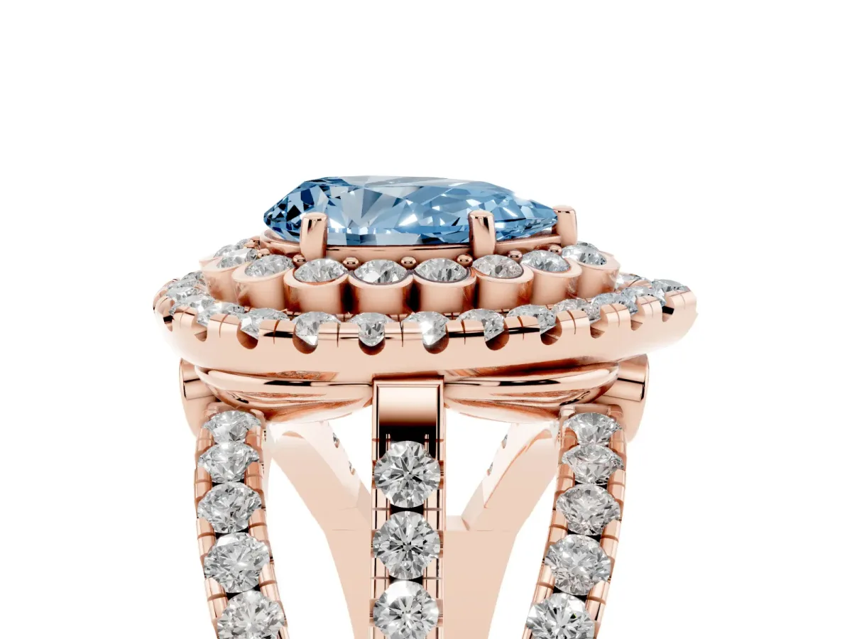 Fancy Blue Pear Cut Diamond Double Halo Ring with Round Pavé Split Shank and Prong Setting Rose gold